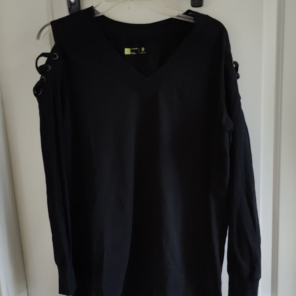 Xersion Black V-Neck Lace-Up Shoulder Sweatshirt